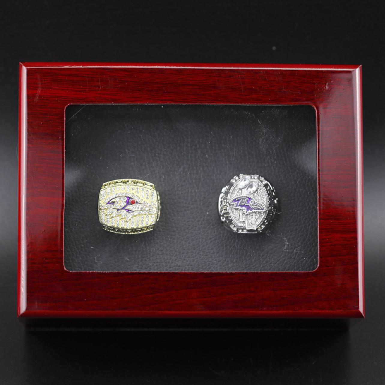 2000 2012 Baltimore Ravens Super Bowl Championship Rings With Brown Wooden Display Box