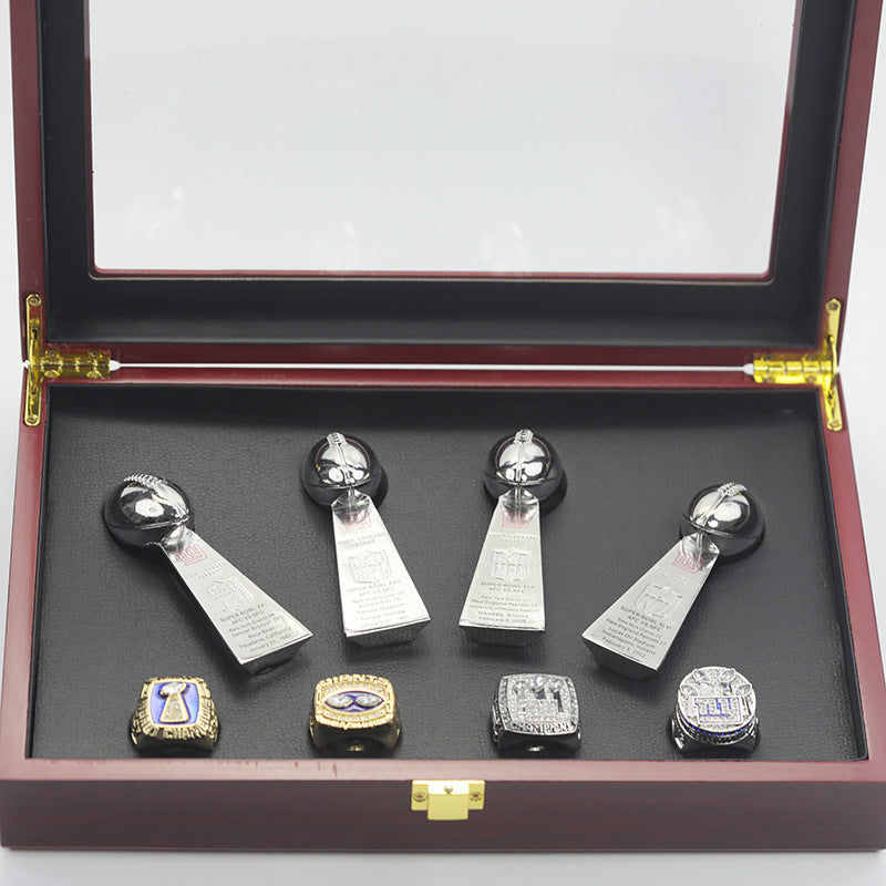 1986 1990 2007 2011 NY Giants Super Bowl Championship Rings With Trophies Set