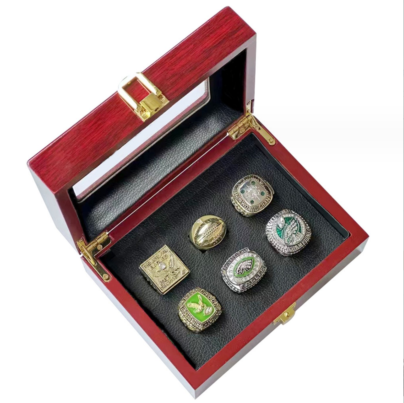 6 Philadelphia Eagles Rings with Brown Wooden Display Box SET