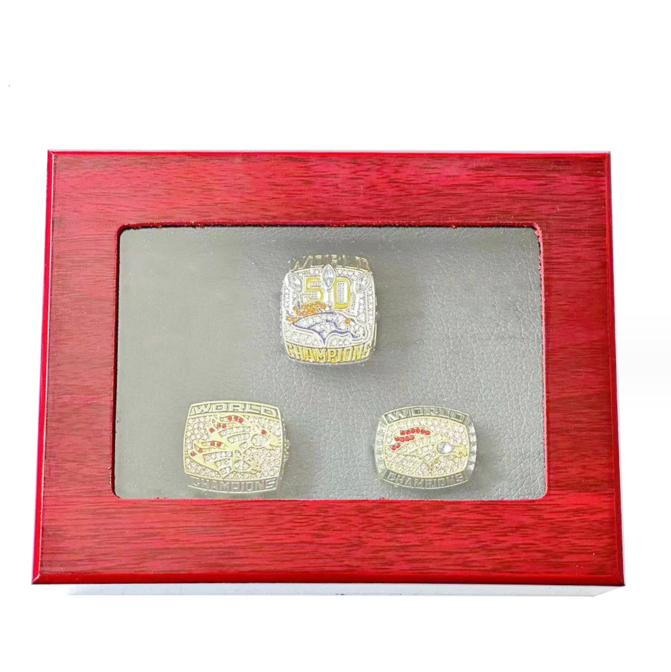 3 Denver Broncos Super Bowl Championship Rings with Brown Wooden Display Box SET-gold