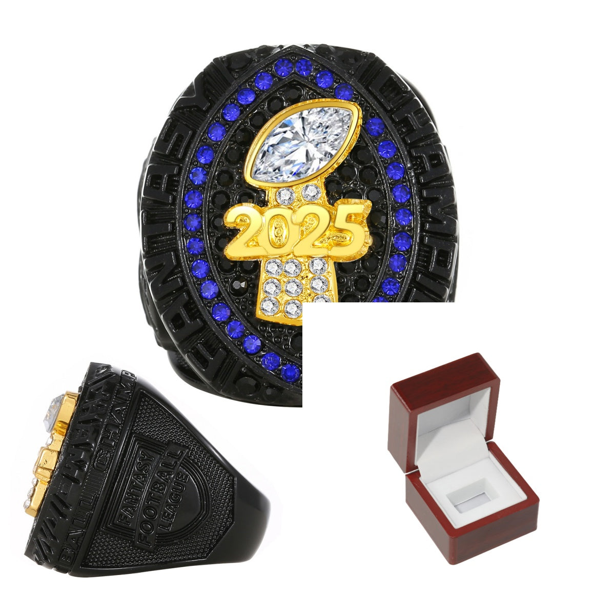 Black color 2025 fantasy football championship ring with brown wooden box