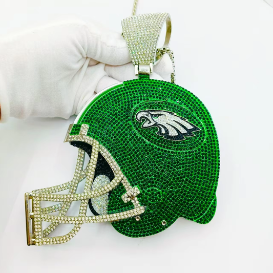 Exaggerate big heavy sparkling full rhinestone crystal pave helmet shape philadelphia eagles championship pendant necklaces hiphop jewelry for men
