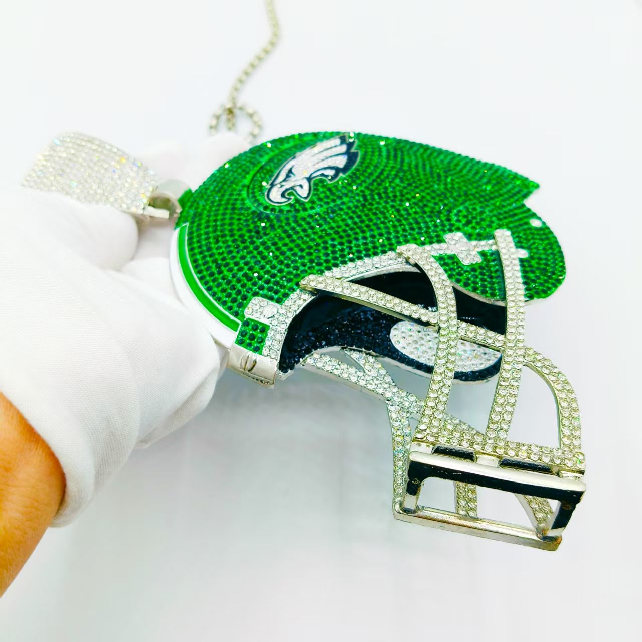 Exaggerate big heavy sparkling full rhinestone crystal pave helmet shape philadelphia eagles championship pendant necklaces hiphop jewelry for men