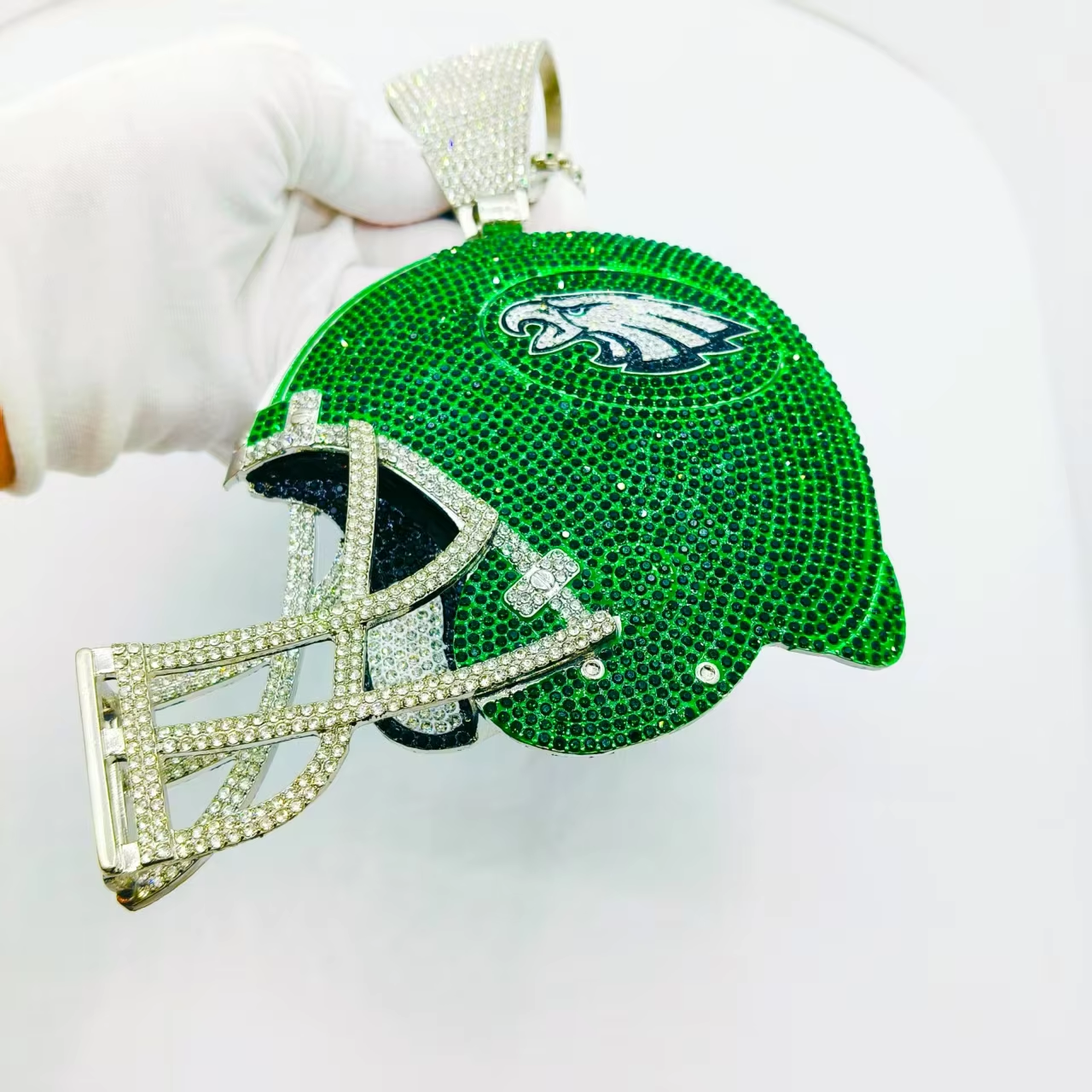 Exaggerate big heavy sparkling full rhinestone crystal pave helmet shape philadelphia eagles championship pendant necklaces hiphop jewelry for men