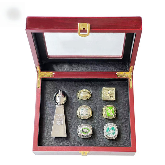 6pcs philadelphia eagles football championship ring with trophy wooden box packed