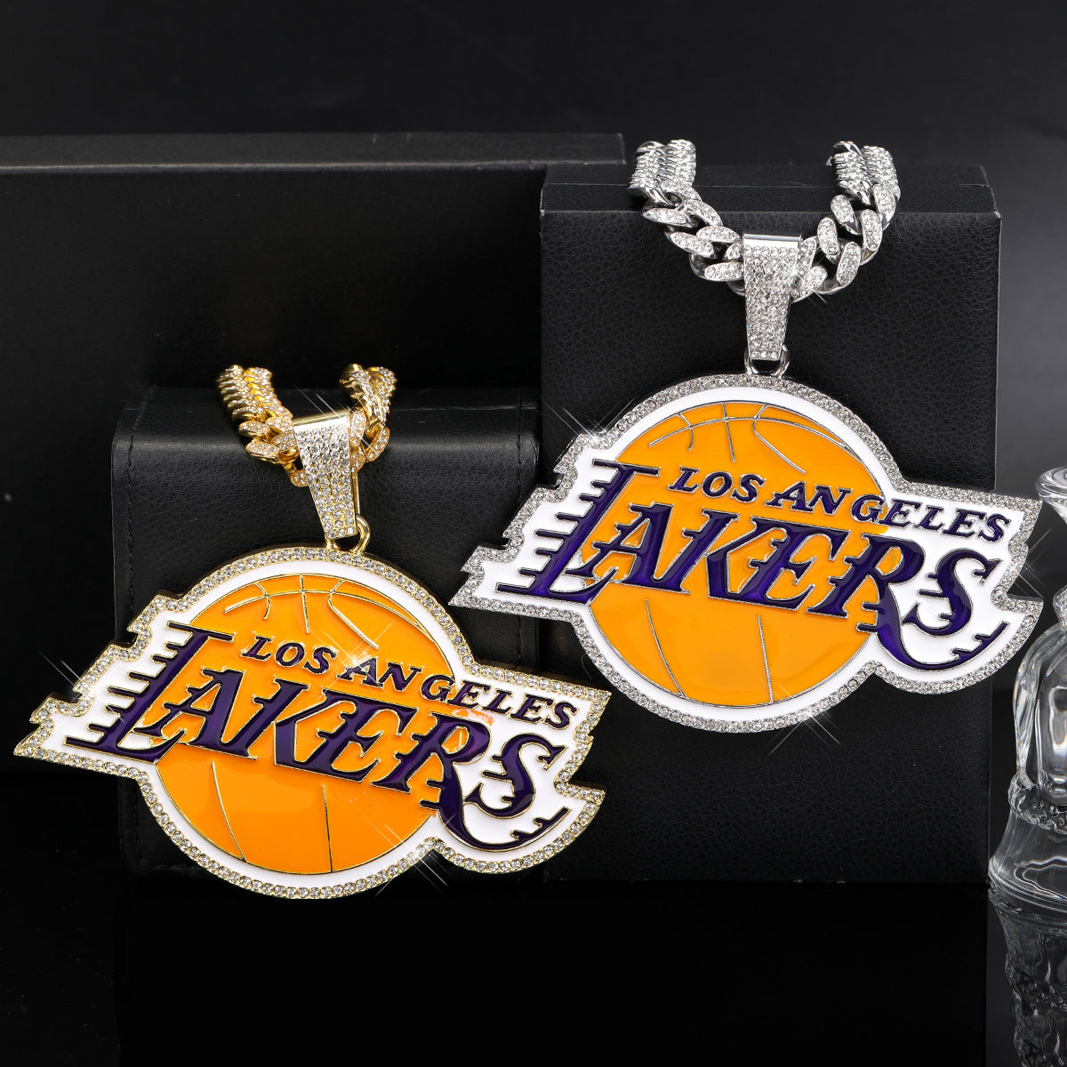 Exaggerate big size hiphop Lakers basketball championship pendant necklace with full rhinestone cuban link chain