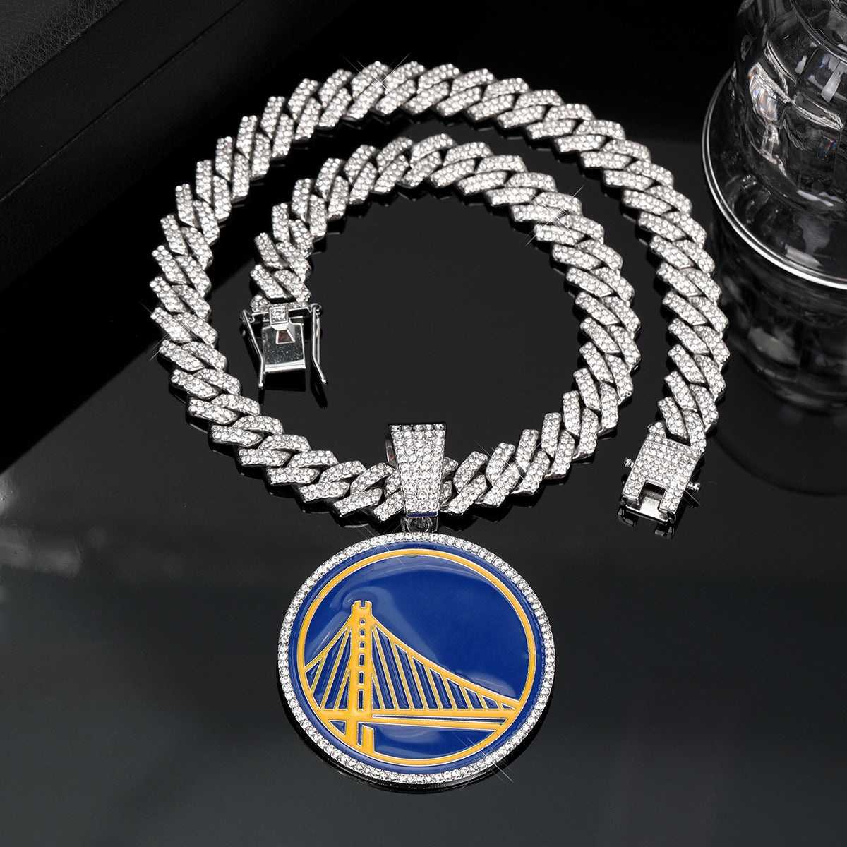 Hiphop iced out crystal warriors basketball championship pendant with 20inch cuban chain necklaces for men