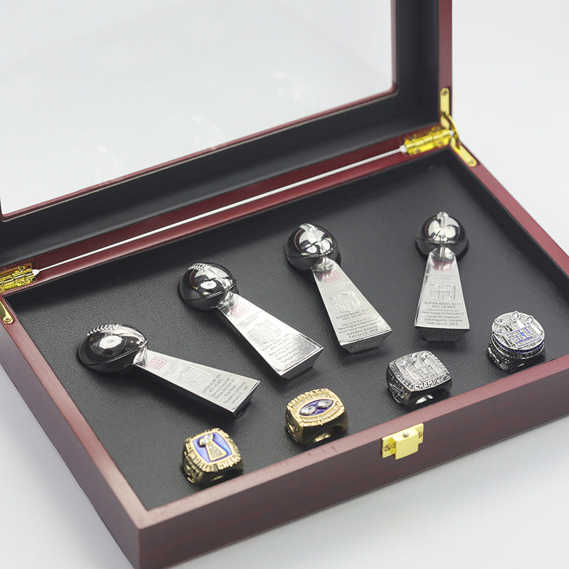 1986 1990 2007 2011 NY Giants Super Bowl Championship Rings With Trophies Set