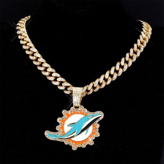 Miami Dolphins football championship pendant with 20inch cuban chain necklace