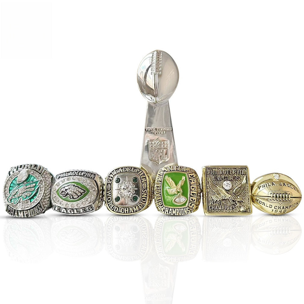 6pcs philadelphia eagles football championship ring with trophy wooden box packed