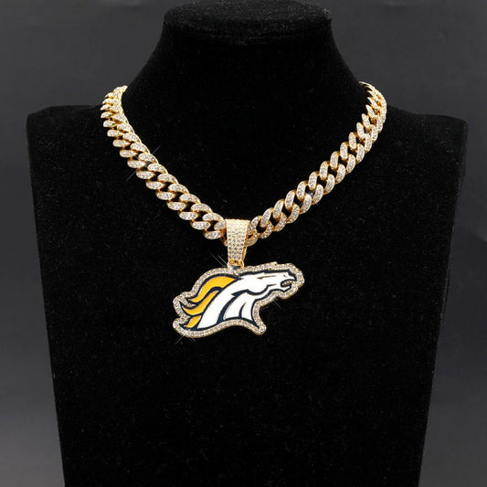 Denver Broncos football championship pendant with 20inch cuban chain necklace