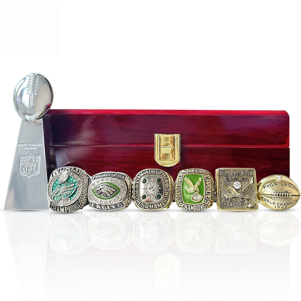 6pcs philadelphia eagles football championship ring with trophy wooden box packed