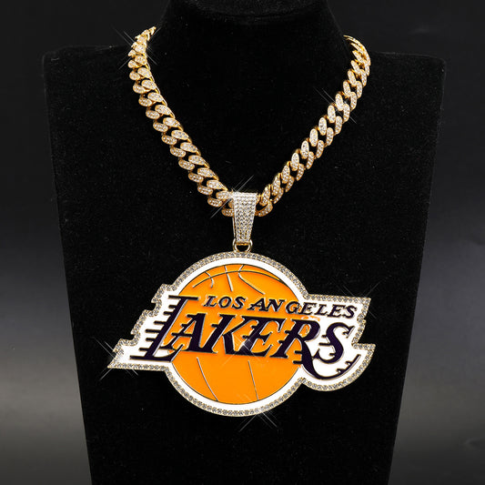 Exaggerate big size hiphop Lakers basketball championship pendant necklace with full rhinestone cuban link chain