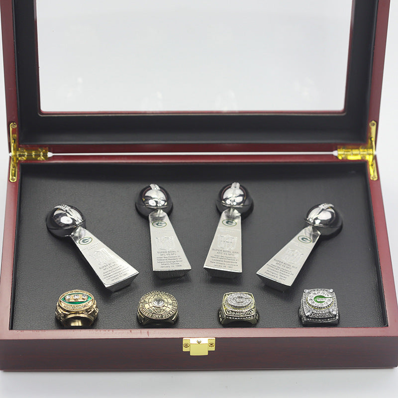 1965 1966 1996 2010 Green Bay Packers Super Bowl Championship Rings With Trophies Set