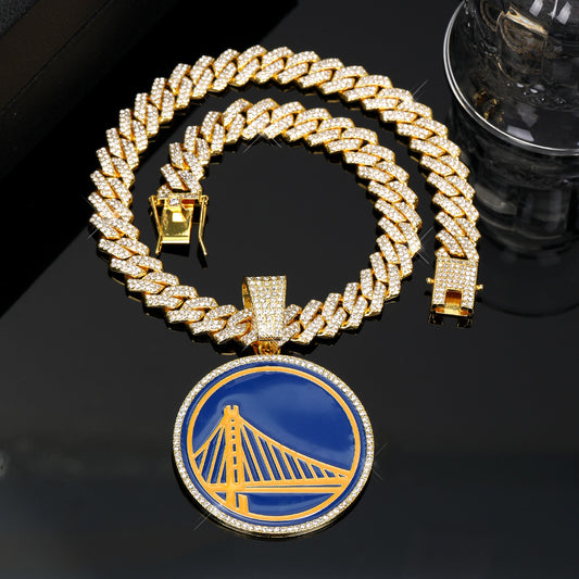 Hiphop iced out crystal warriors basketball championship pendant with 20inch cuban chain necklaces for men