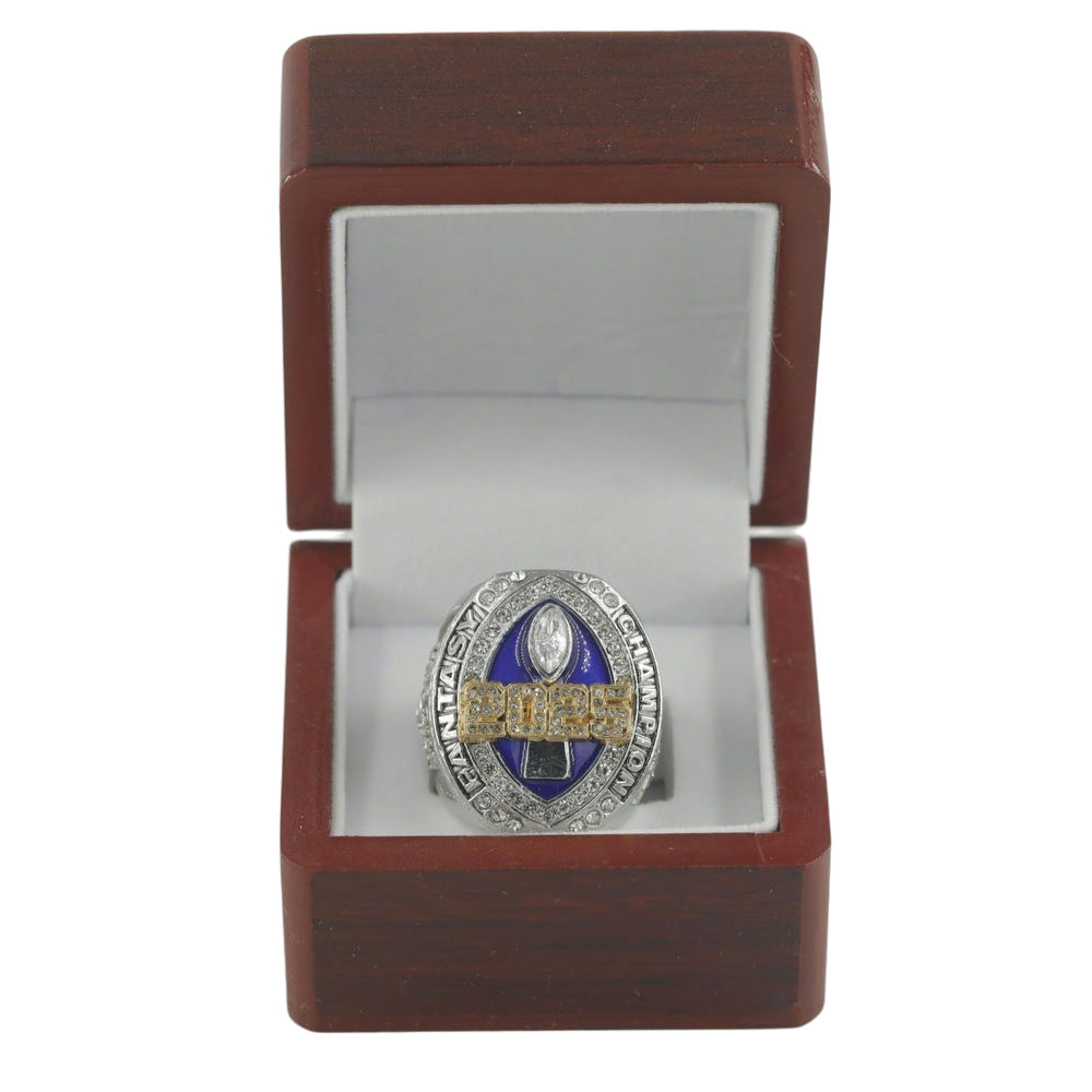 2025 fantasy football championship ring with brown wooden display box