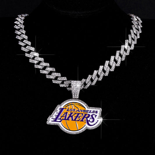 Hiphop alloy with rhinestone Lakers basketball championship pendant with cuban link chain necklaces for men