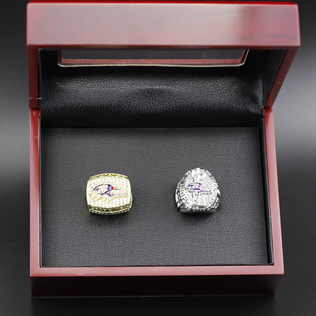 2000 2012 Baltimore Ravens Super Bowl Championship Rings With Brown Wooden Display Box
