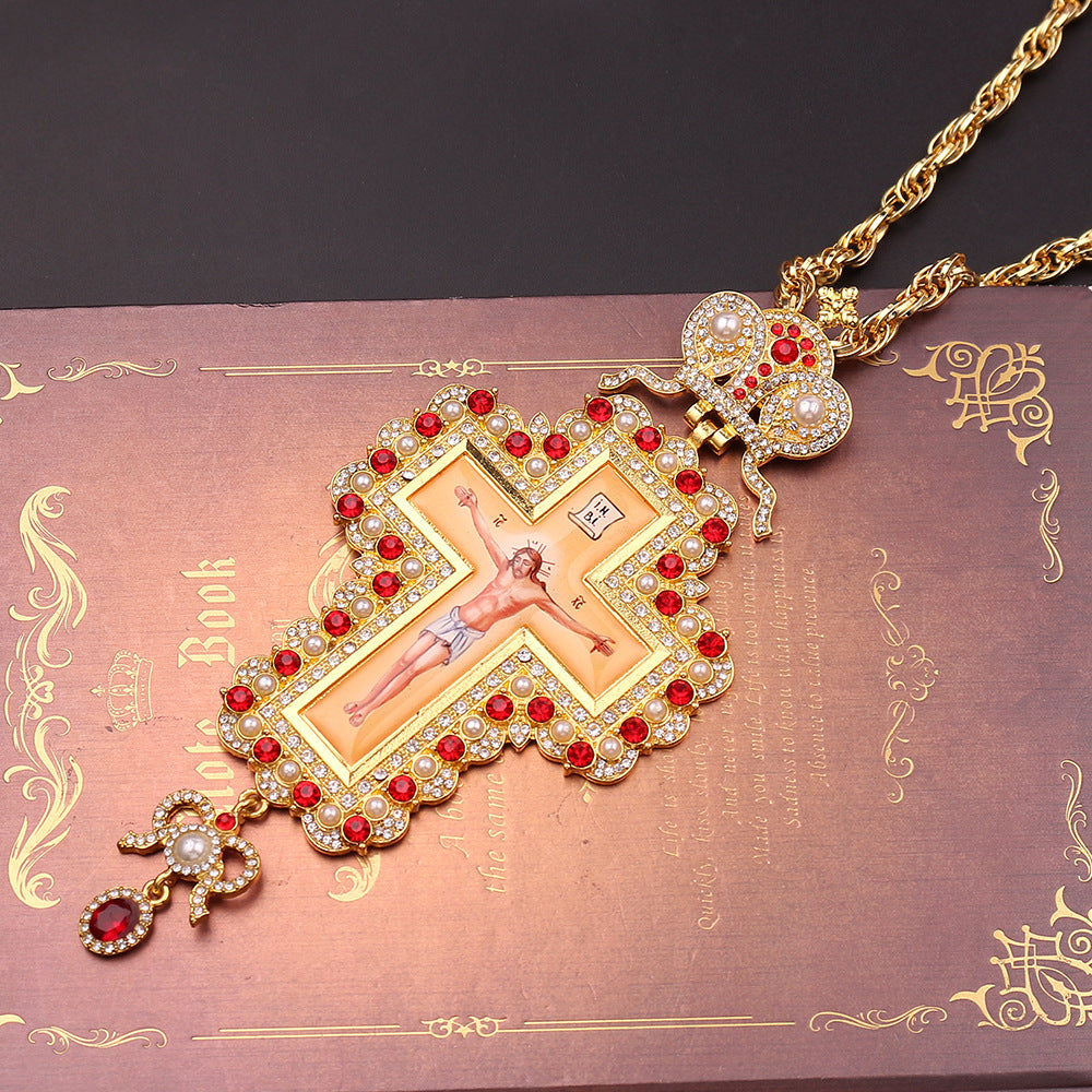 Religious Jesus Byzantine Gold Plated Russian Big Heavy Orthodox Catholic Cross Pendant Necklace For Women Men