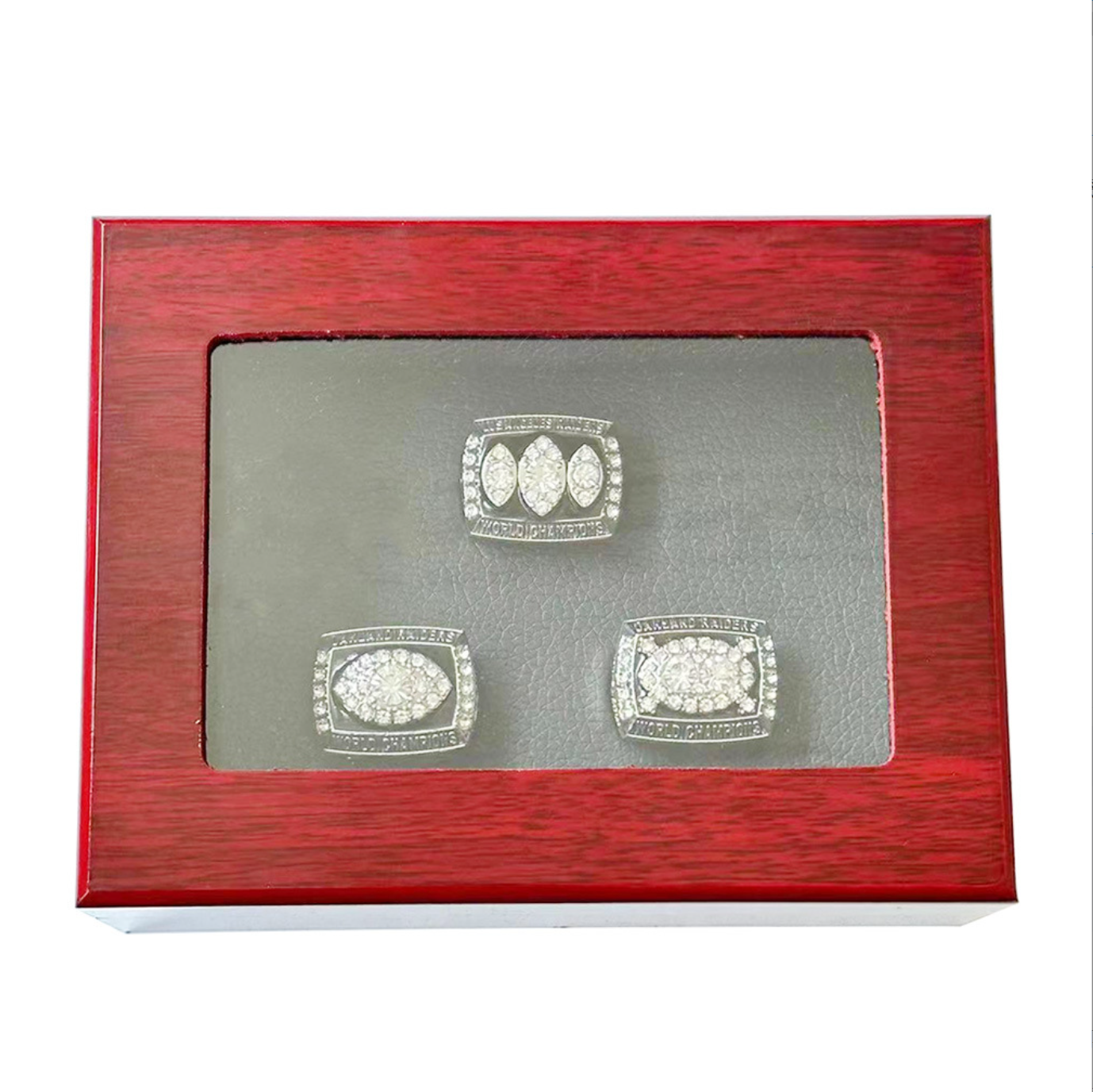 1976 1980 1983 Oakland Raiders 3 Rings with Brown Wooden display box set