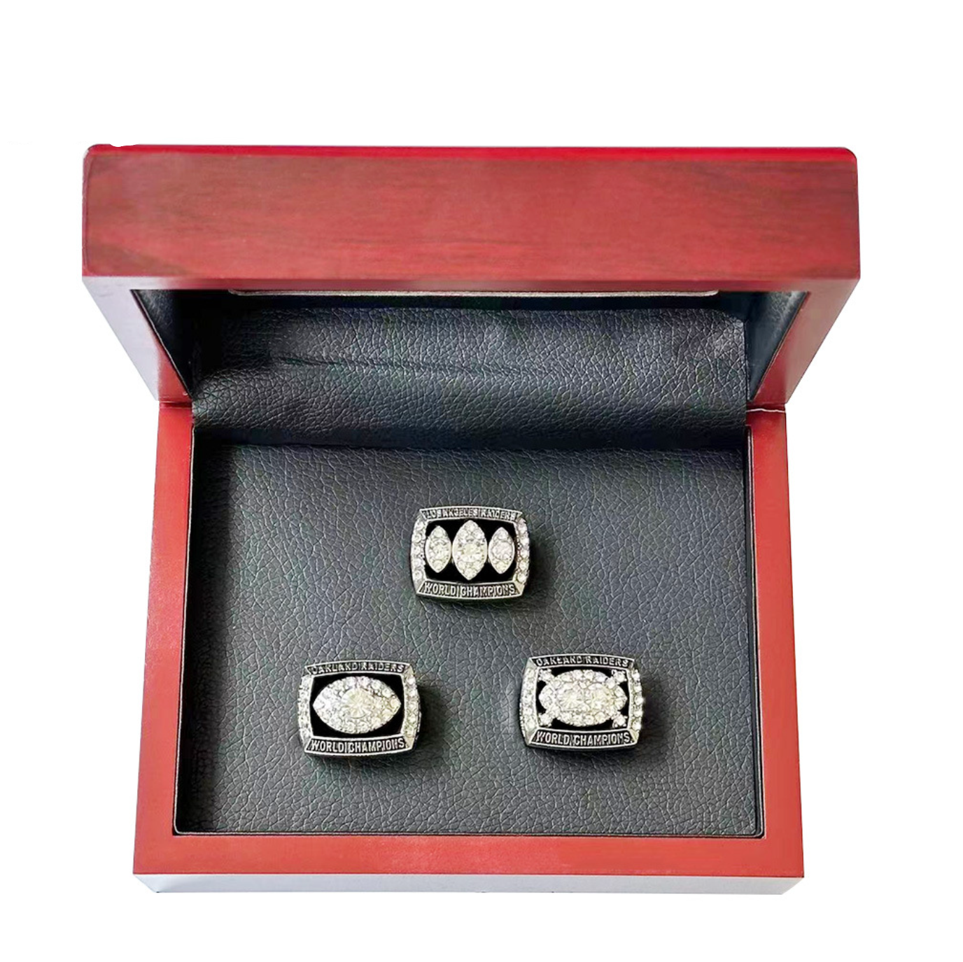 1976 1980 1983 Oakland Raiders 3 Rings with Brown Wooden display box set