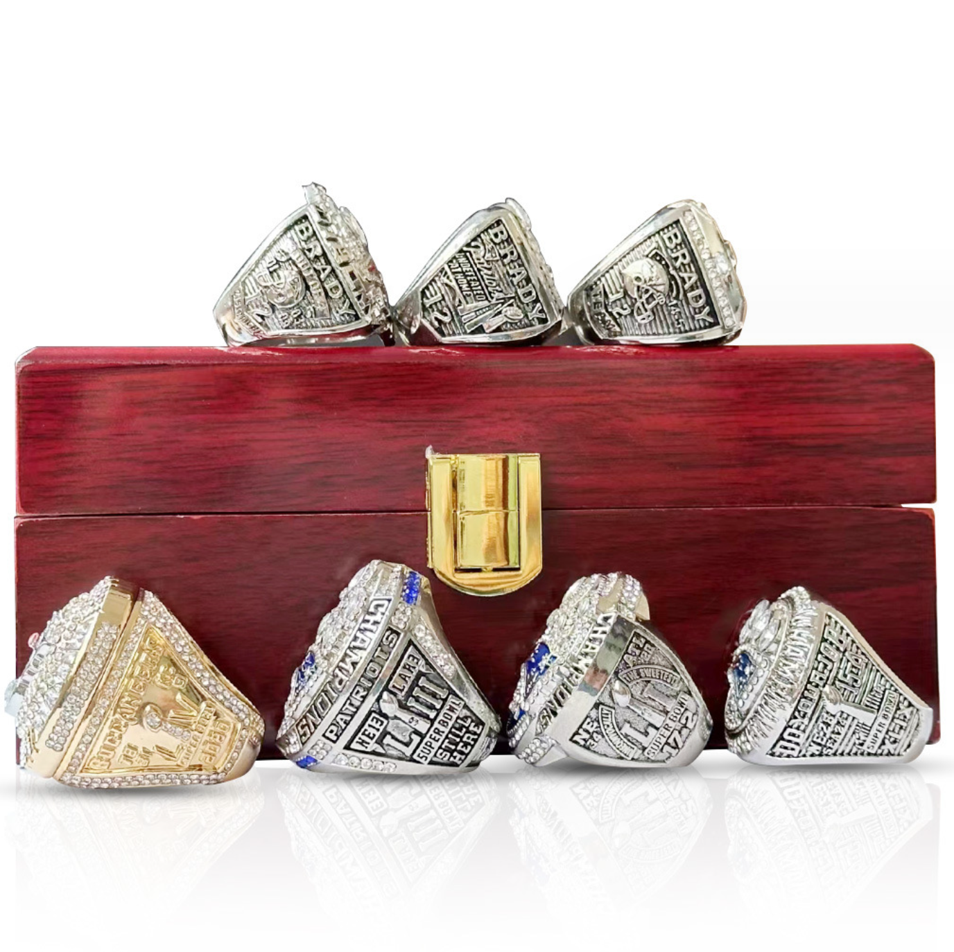 6 Patriots,1 Buccaneers TOM BRADY Championship Rings With Brown Wooden Display Box Set