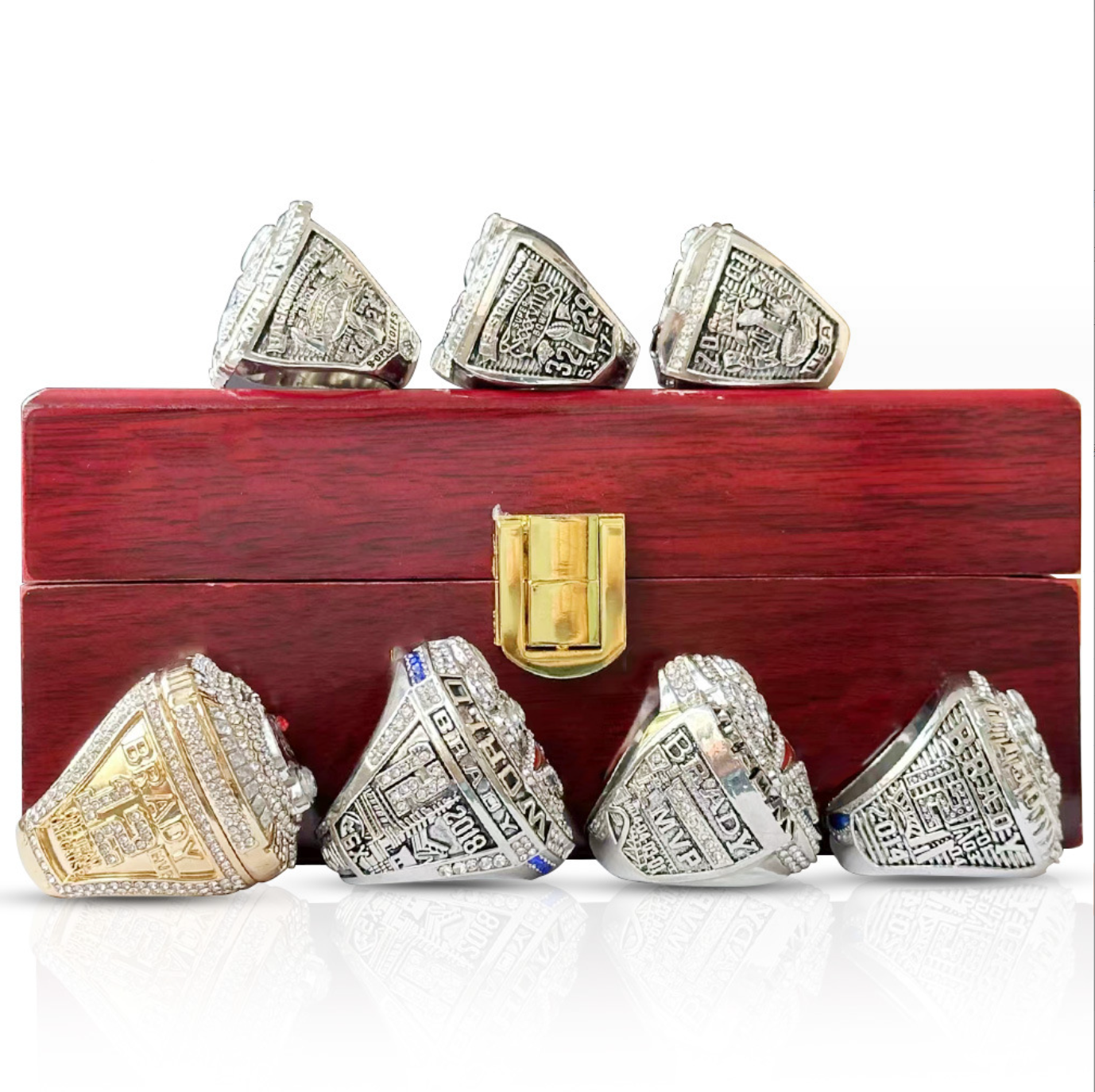 6 Patriots,1 Buccaneers TOM BRADY Championship Rings With Brown Wooden Display Box Set