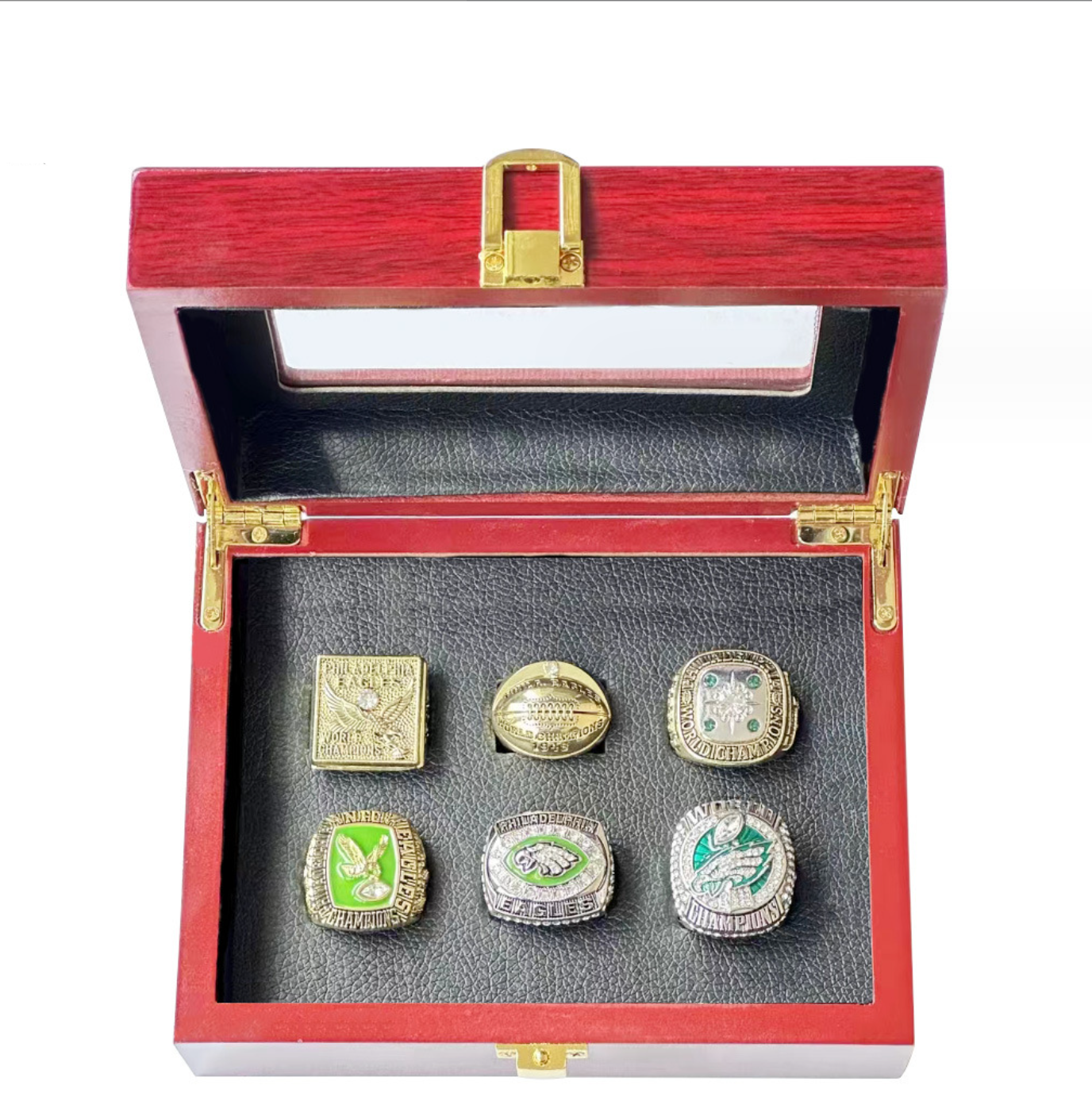 6 Philadelphia Eagles Rings with Brown Wooden Display Box SET