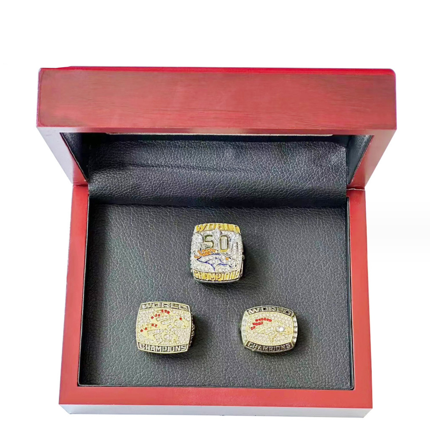 3 Denver Broncos Super Bowl Championship Rings with Brown Wooden Display Box SET-gold