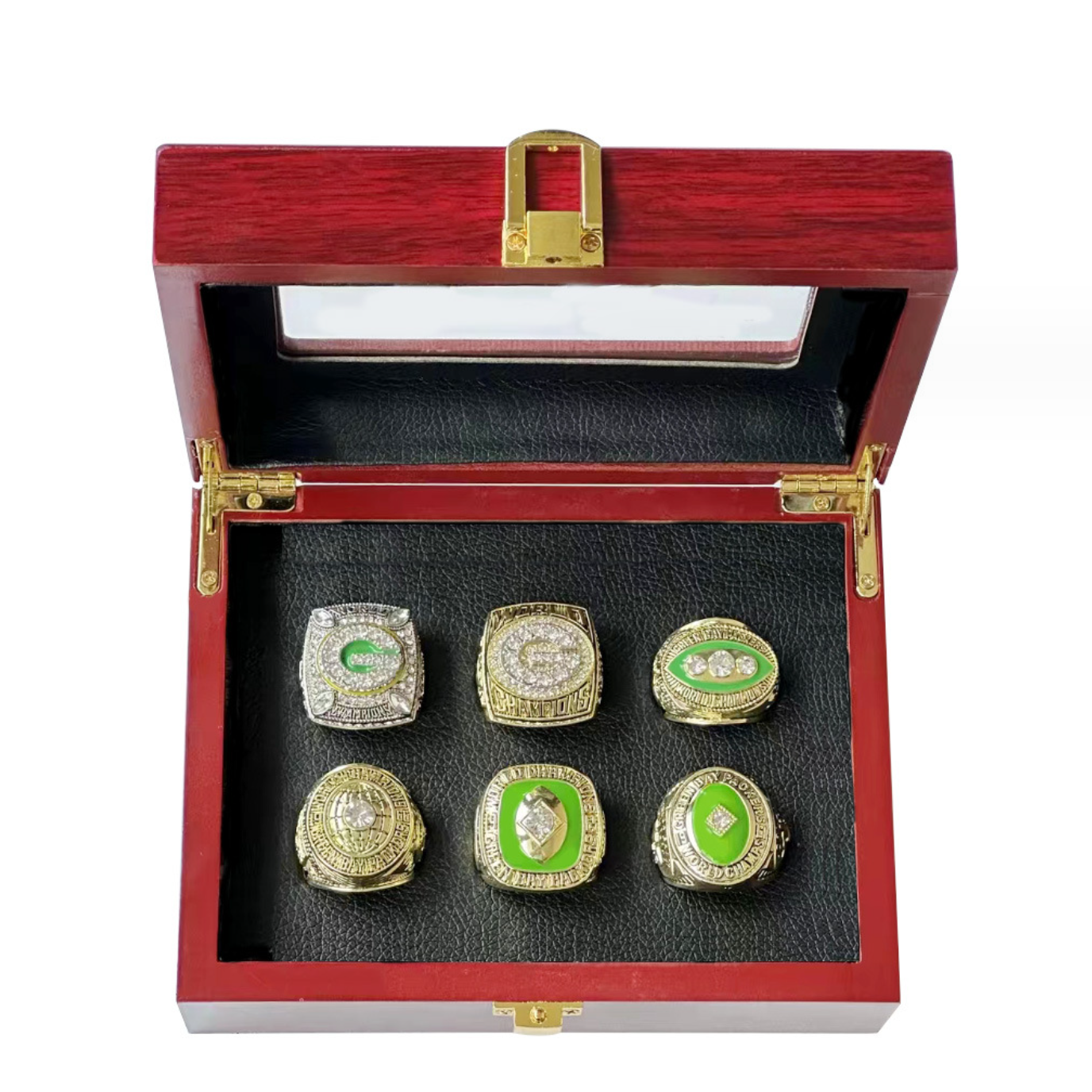 6 Green Bay Packers Rings With brown wooden display box SET