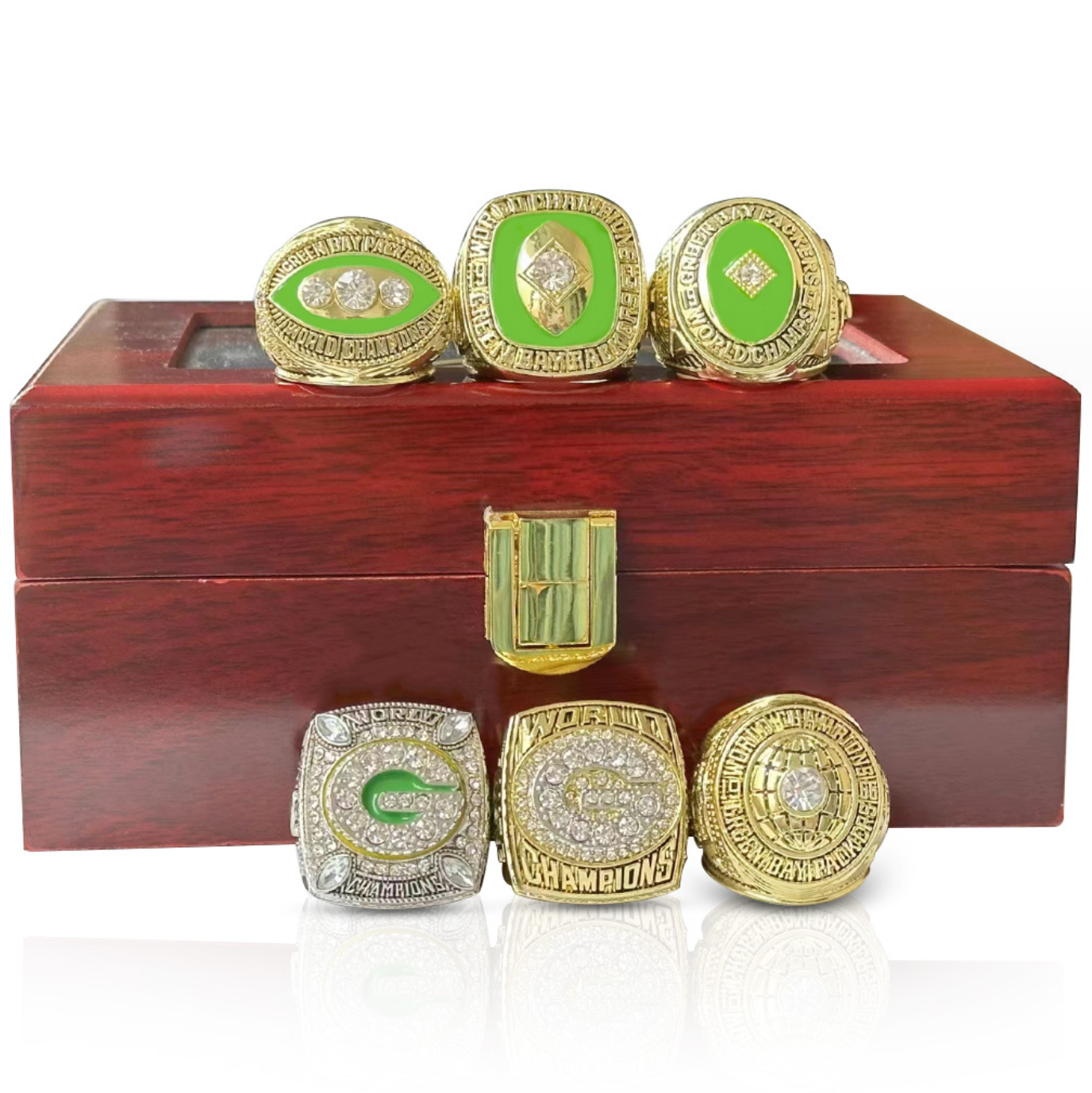 6 Green Bay Packers Rings With brown wooden display box SET