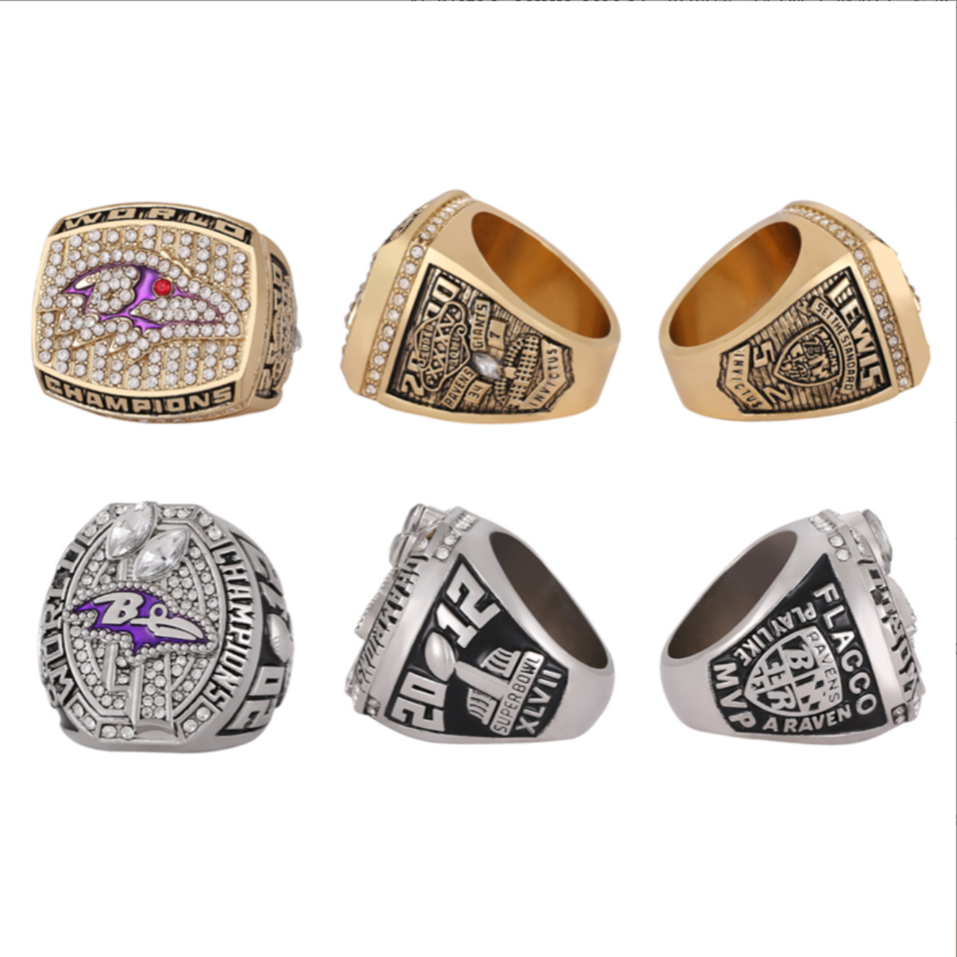 2000 2012 Baltimore Ravens Super Bowl Championship Rings With Brown Wooden Display Box