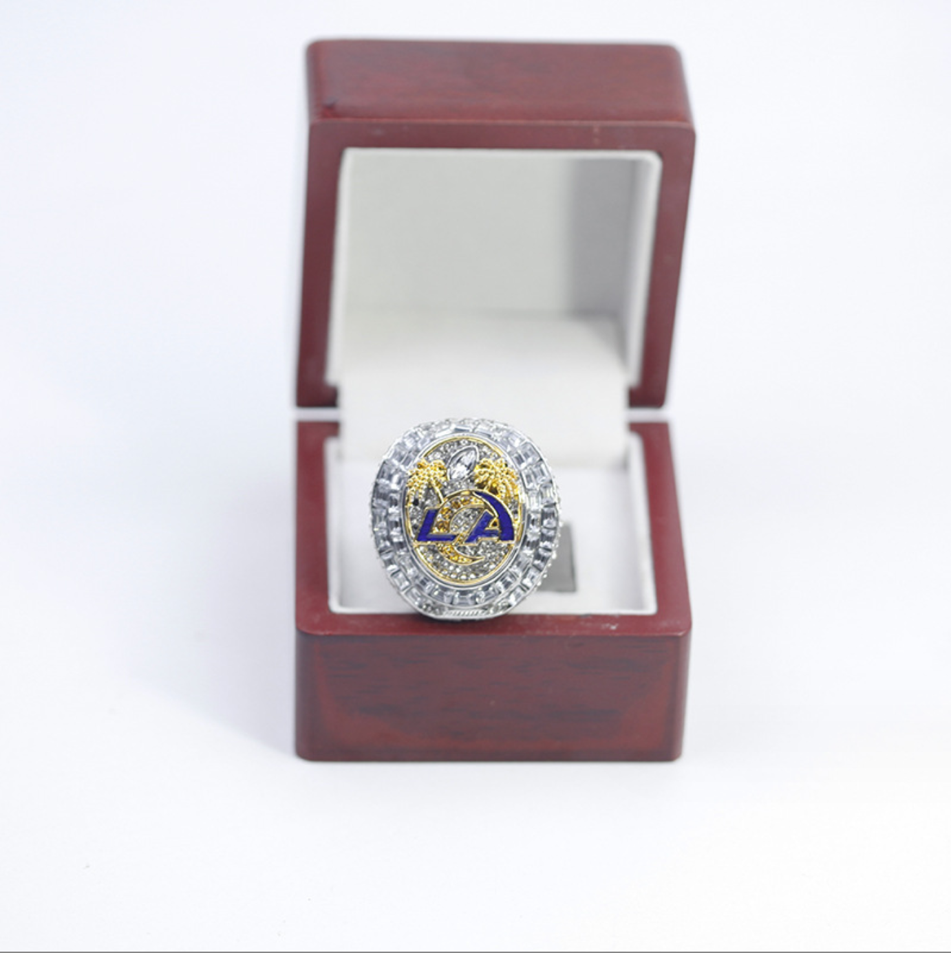 2021 LA Rams Super Bowl Championship Rings With Brown Wooden Display Box