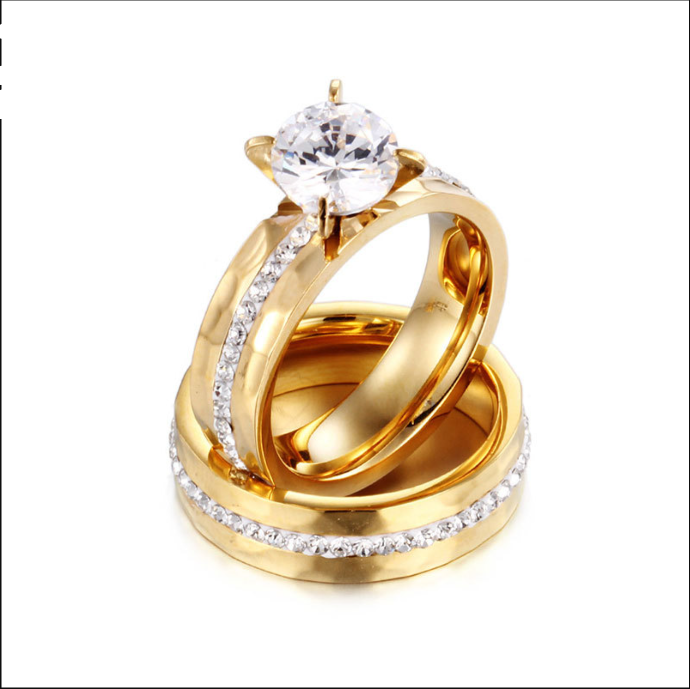 Gold plated Stainless Steel Single Row Crystal Couple Rings For Women Men Gift